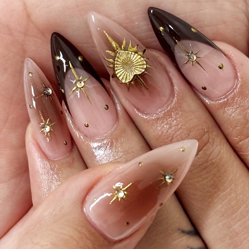 48Pcs-Long Almond Black Nude Gold Star Heart Glossy Press on Nails Set