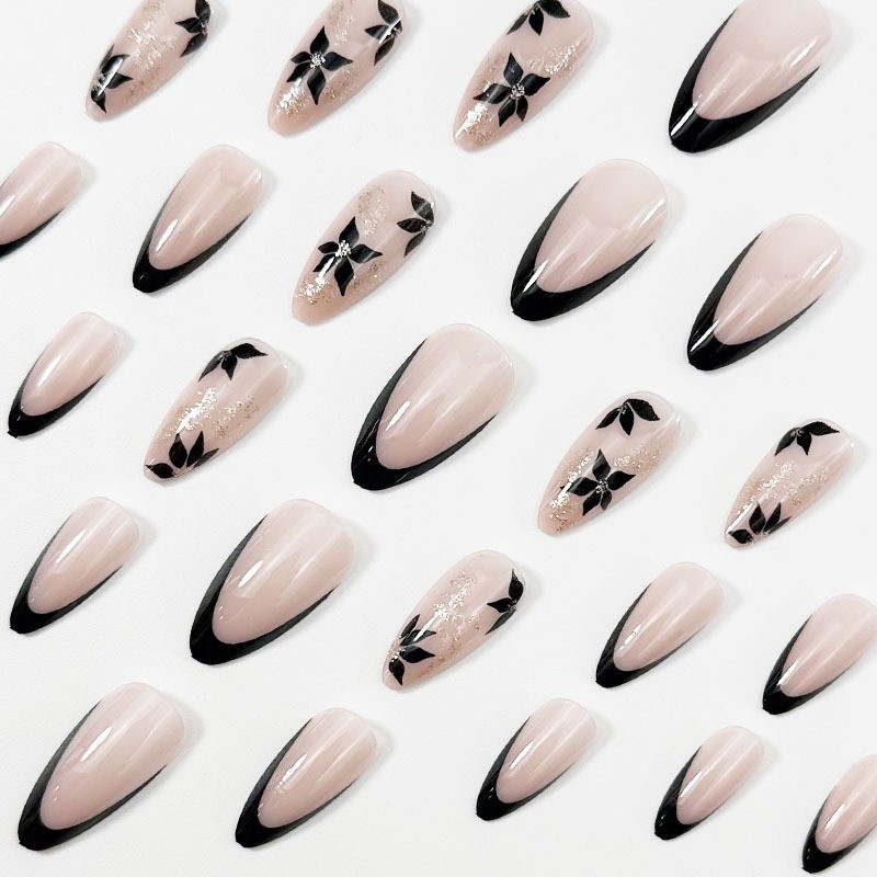 48PCS Long Almond Nail Press Reusable Bare Powder Ribbon Black Flower Fake Nails