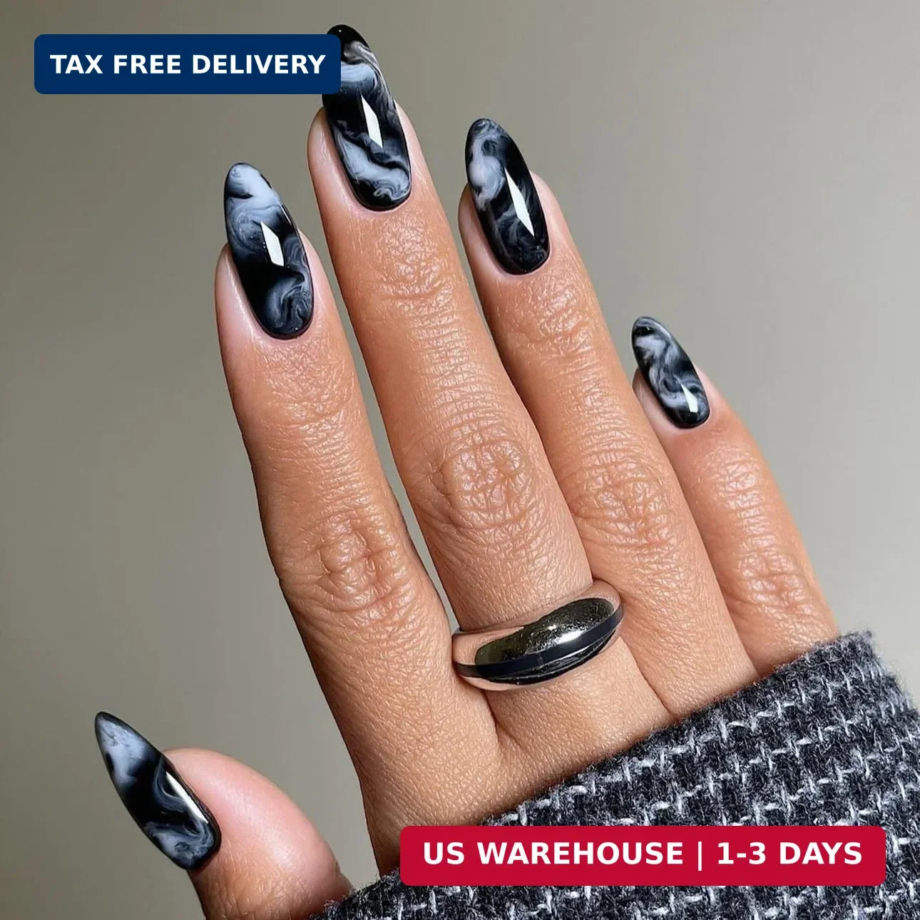 LPOODDNU Almond Press on Nails – Medium Black Fake Nails with Marble Designs, Gl