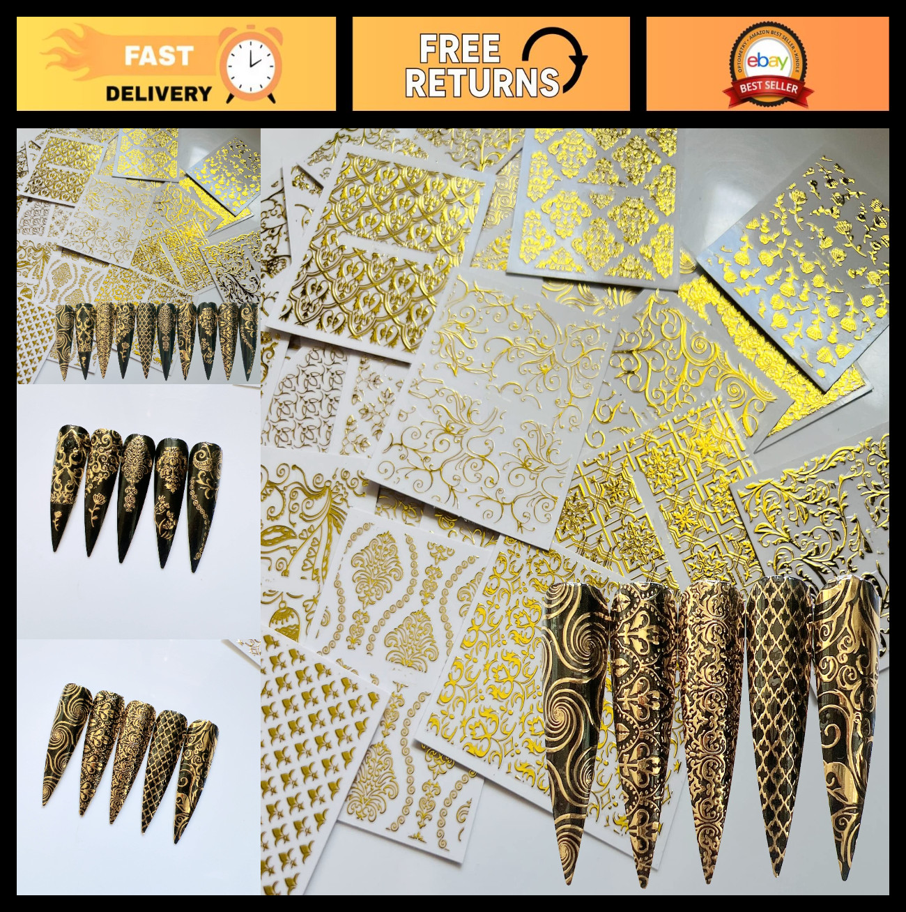 Luxury Gold Nail Art Stickers – 26 Sheets, Unique Shapes, Adhesive Decals for DI