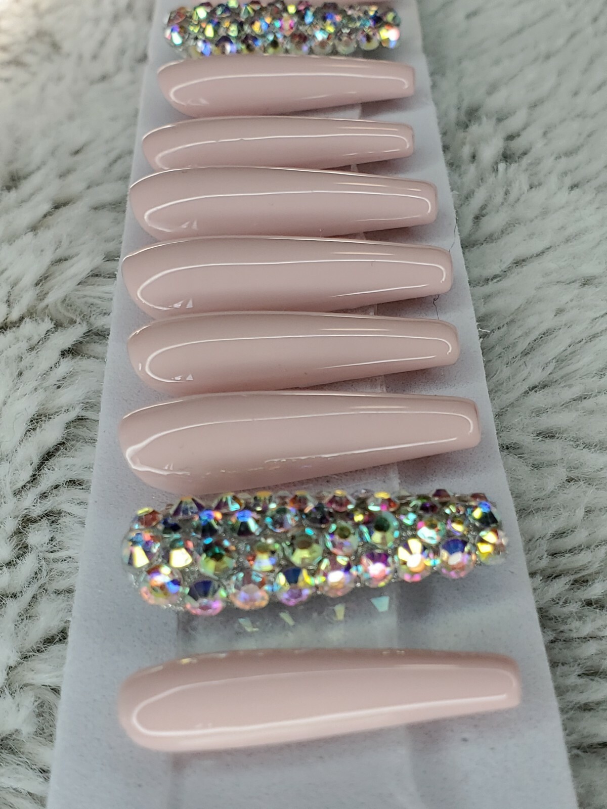 Rosy Nude bling press on nails tan neutral nude peach long tapered ballerina