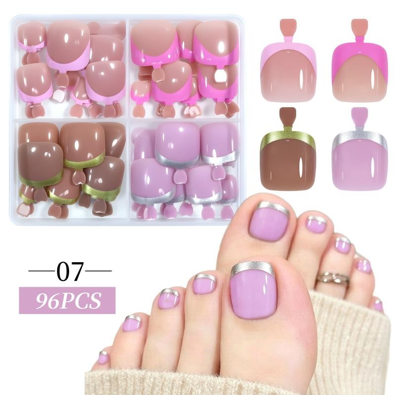 96Pcs/Box Cat’s Eye Fake Toenails French Design 4 Colors Short Square Press On