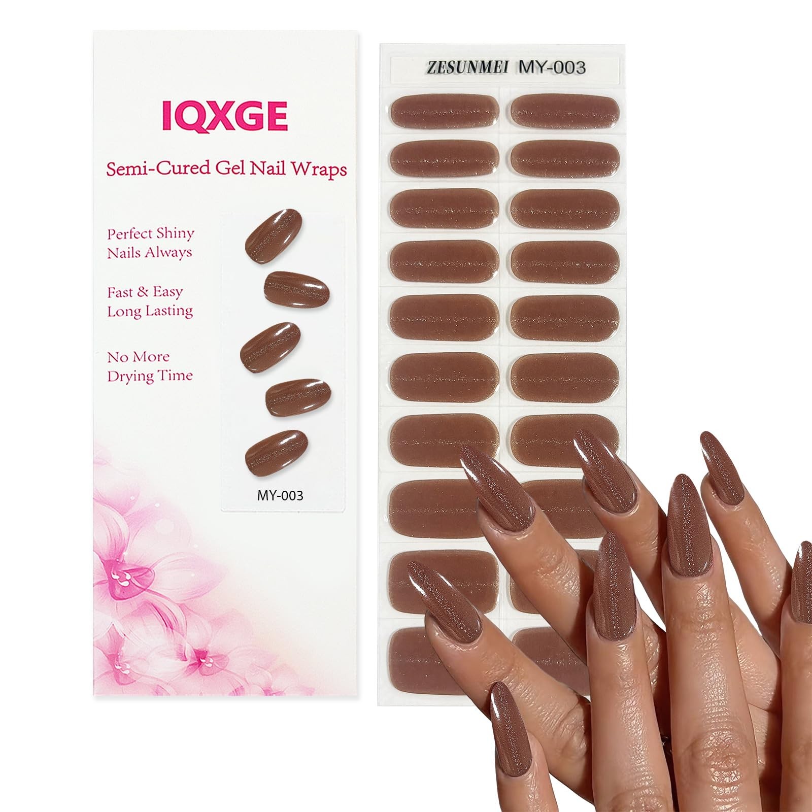 IQXGE 20PCS Brown Glitter Semi Cured Gel Nail Strips Wraps for Women | Gel Na…