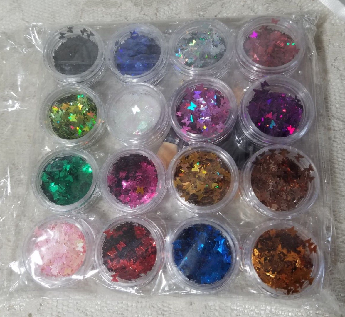 16 ASSORTED TUBS COLORED BUTTERFLY Shaped Glitter Nail Face Body Arts Crafts