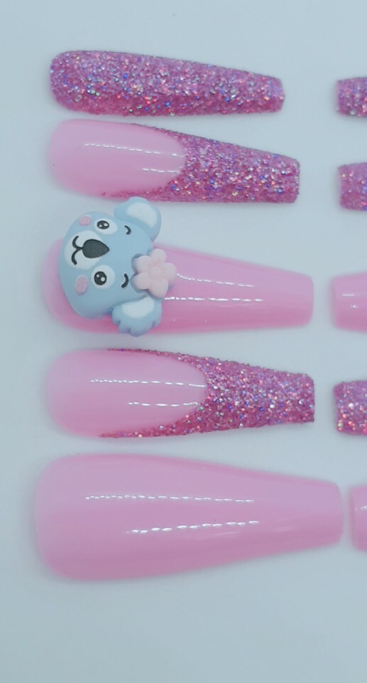 Pink Animal Nails Kawaii Pink Nails Pink Party Nails Koala Bear Lover Gift-sale