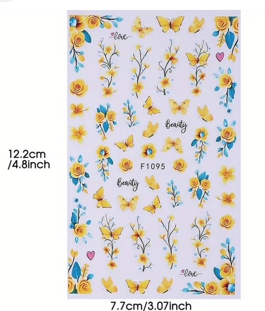 Nail Art Stickers NEW ! BEAUTIFUL YELLOW BUTTERFLIES AND FLOWERS F1095