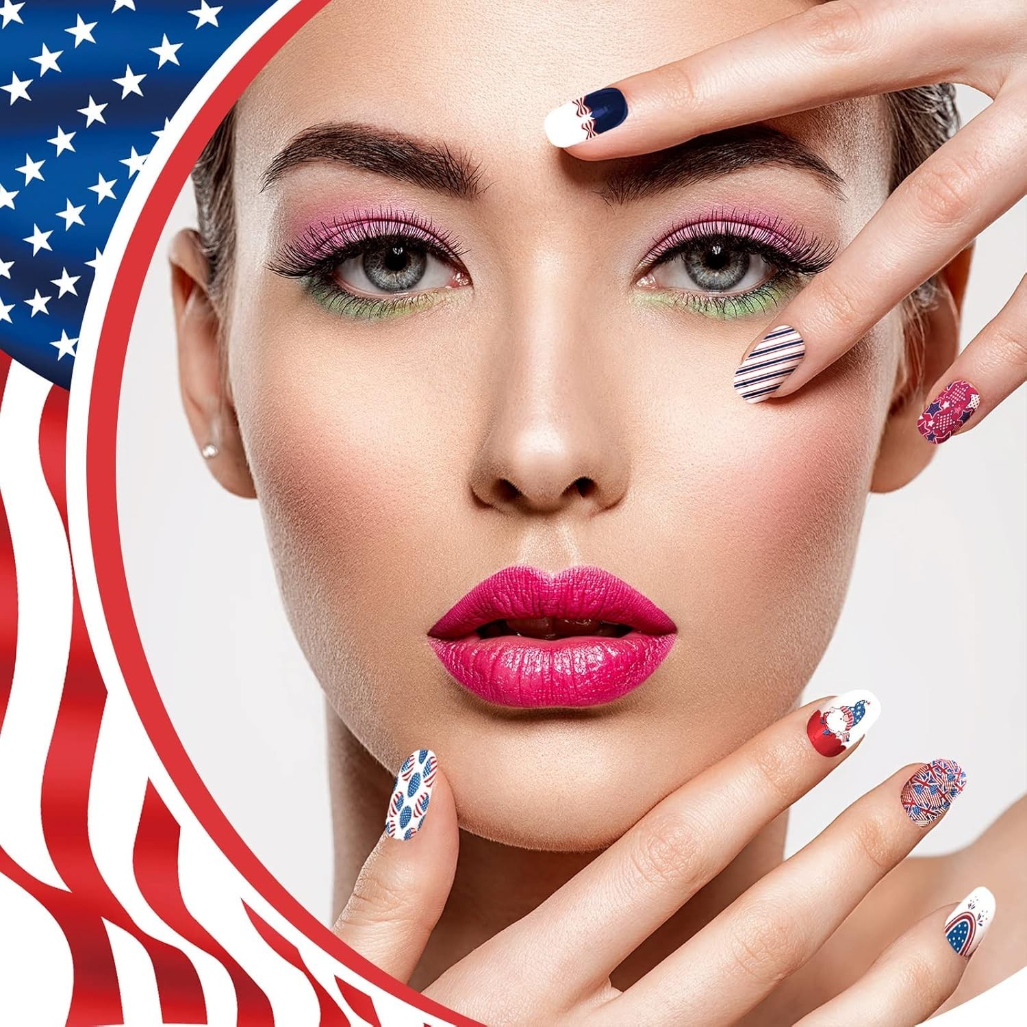 16 Pack 4th of July Press on Nails – Patriotic Retro Flag Pattern 384 Pieces