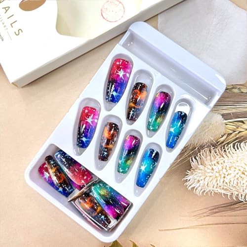 Press On Nails Medium Ballet Shaped False Nails 24Pcs Multi Color Stasrry Sky