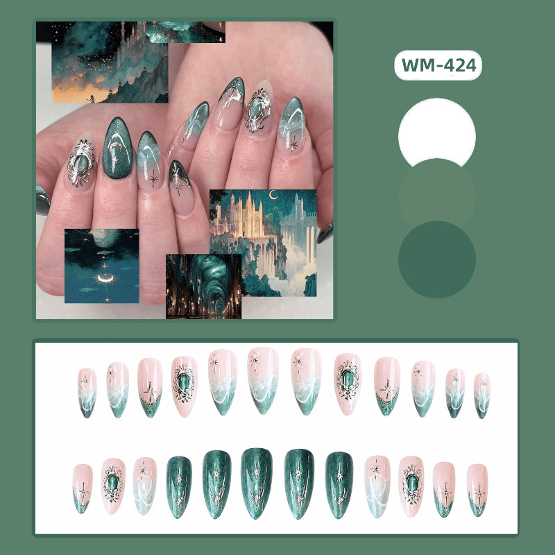 48pcs-Green Press on Nails Nude Almond Cat Eye Moon Star Ornate Rhinestones