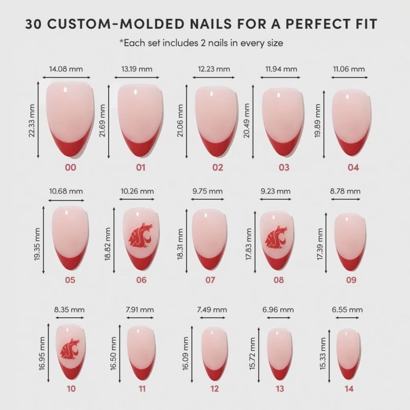 Washington State Cougars Press-On Nails: Gloss, Almond Shape, 30 Pieces