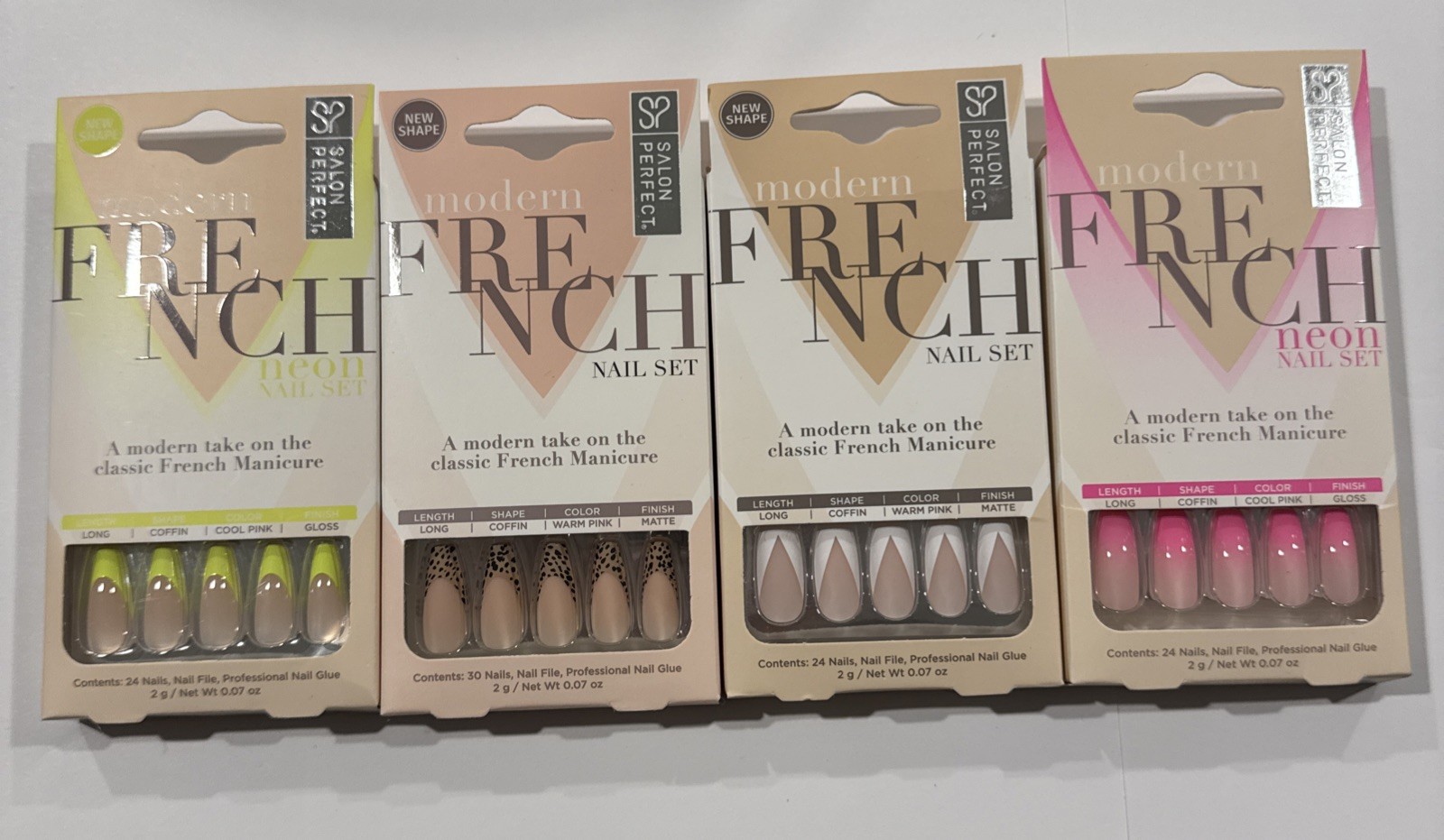 Set of 4 Modern French Coffin Shaped Glue On Nails – 24 Nails With Glue Each Set