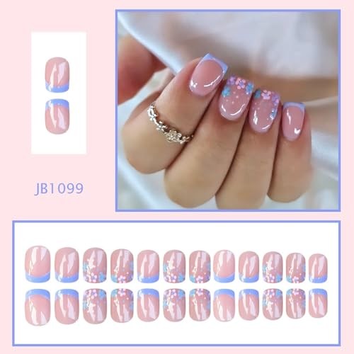 Flower Press on Nails Short Square Fake Nails with Floral Design Glossy Color03