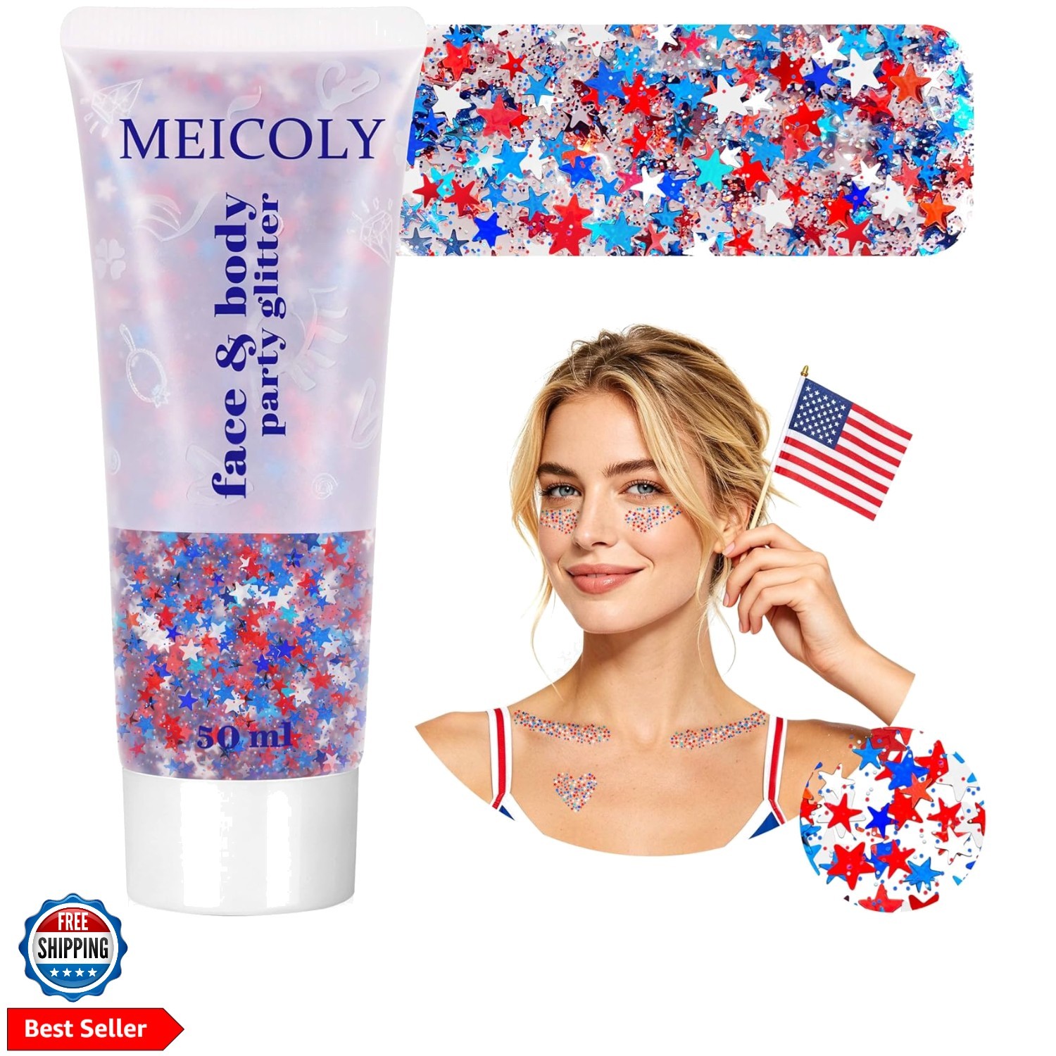 50g Star Shaped Red White and Blue Body Glitter Face Glitter Gel, Patriotic A…