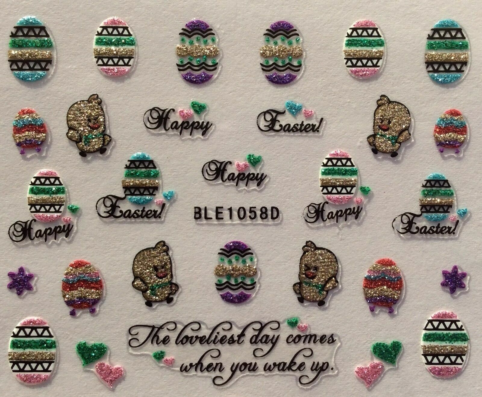Nail Art 3D Stickers Glitter Decals Happy Easter Eggs Chicks BLE1058D