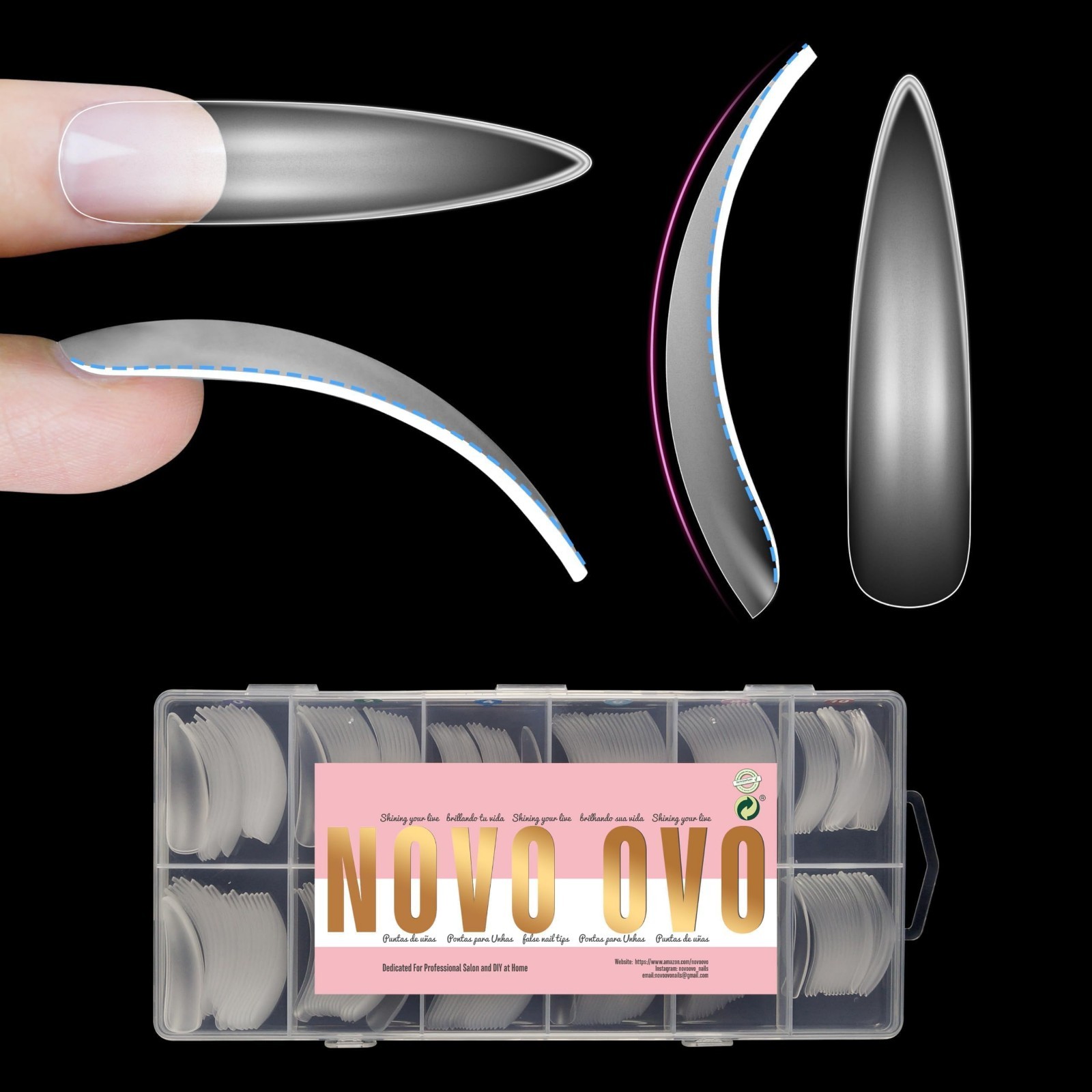 XXL Curved Almond Stiletto Nail Tips – 240 Pcs Clear Press-On Gel Nails, Extra T