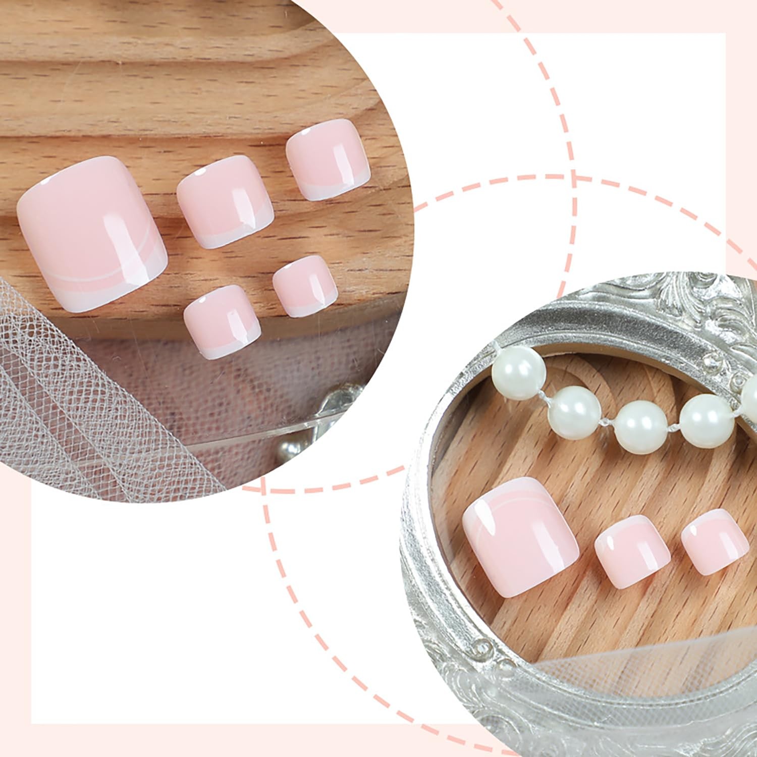 French Tip Press on Toenails Square Pink Fake Toenails Cute Acrylic Toe Nails…