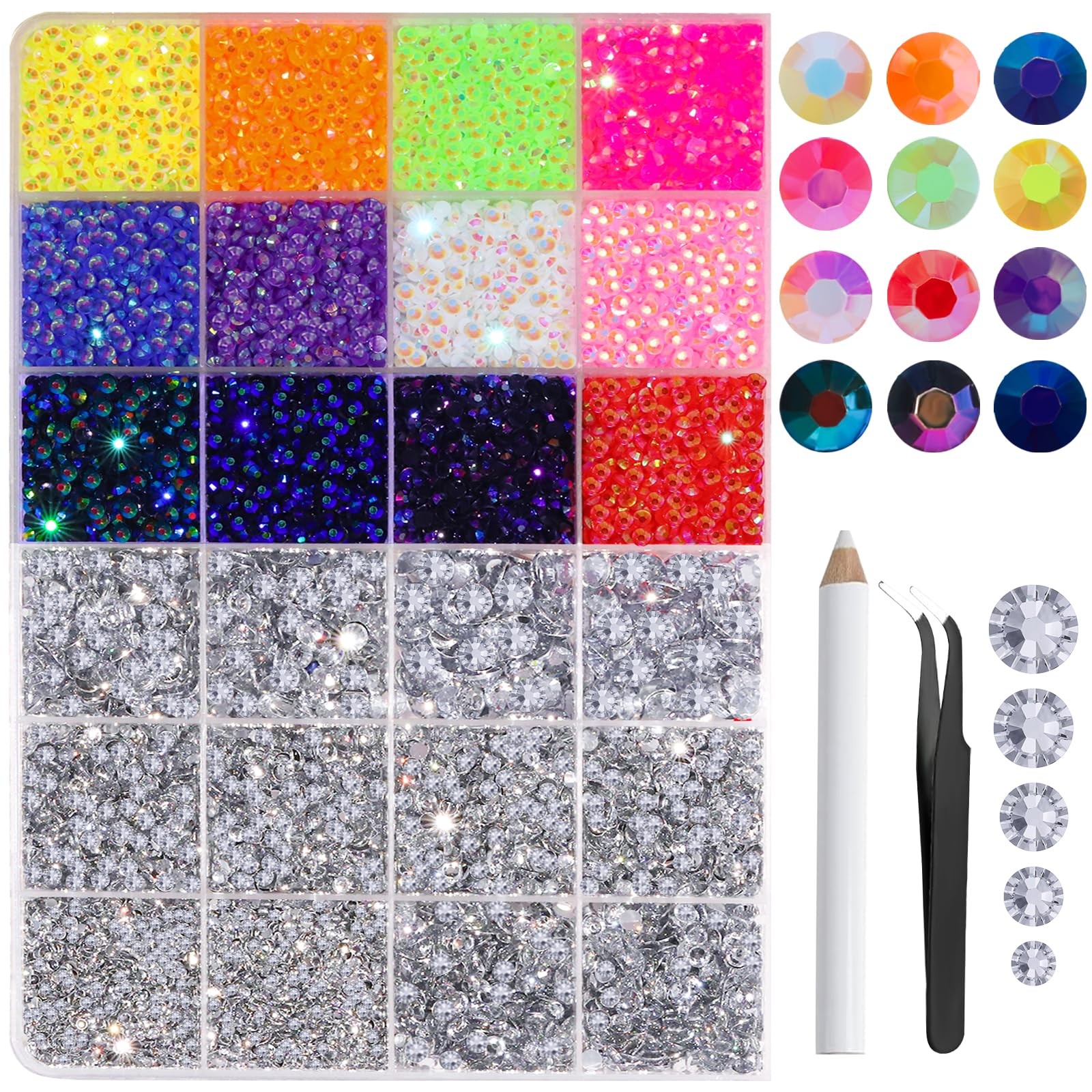 25400Pcs Rhinestone Kit Flatback Resin Gems Mixed Colors Silver for Crafts & Nai