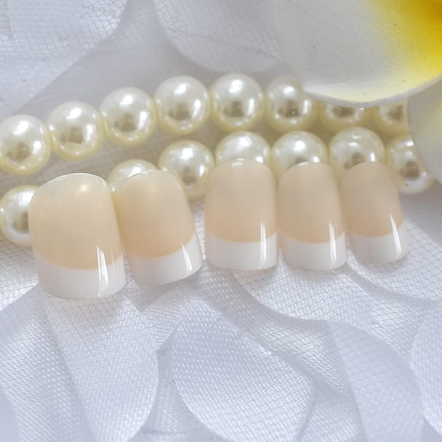 Natural Beige Nude White Press on Nails Short Squoval French Nail Tips False Nai