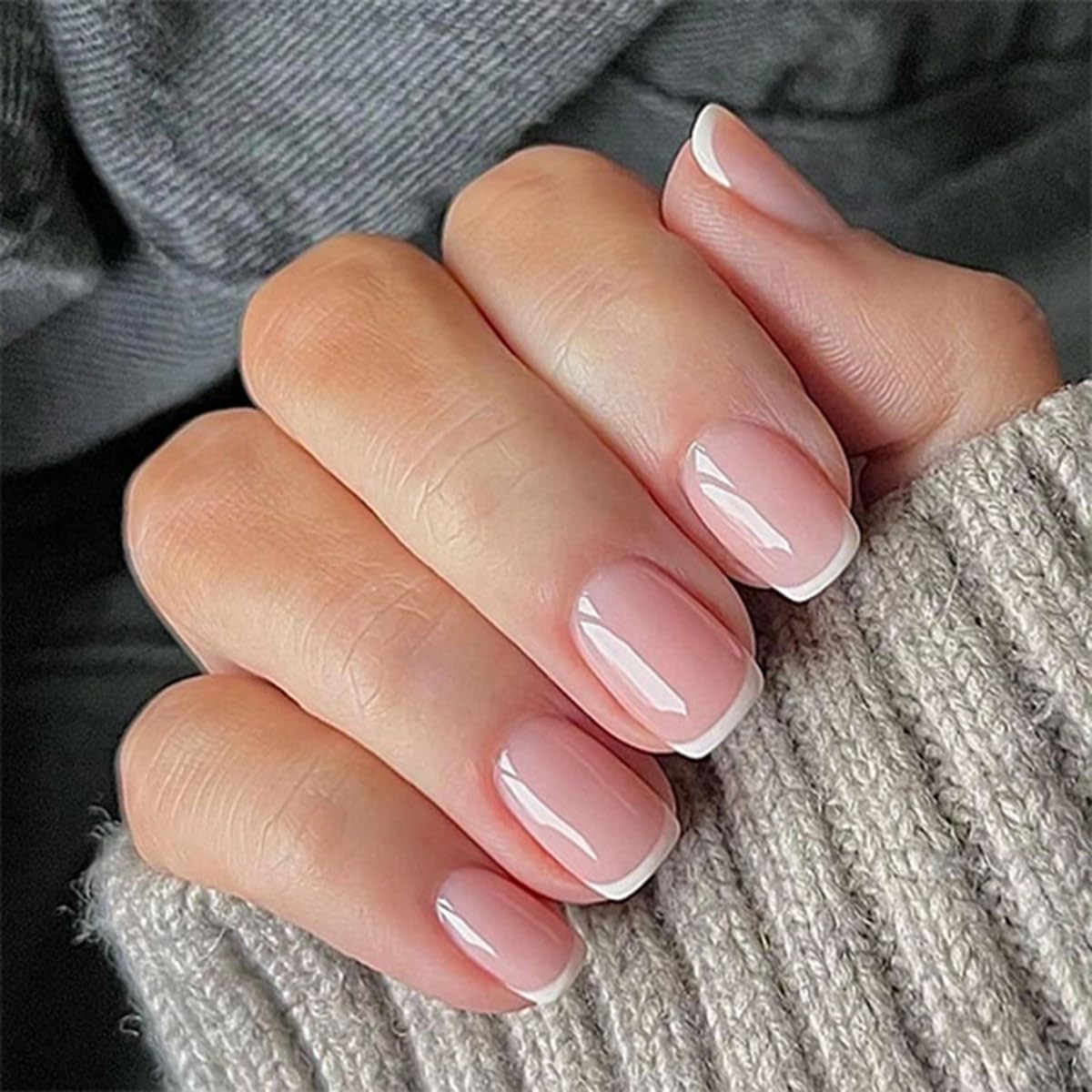 24 Pcs White French Press on Nails Short Square Summer Fake Nails Nude Pink F…