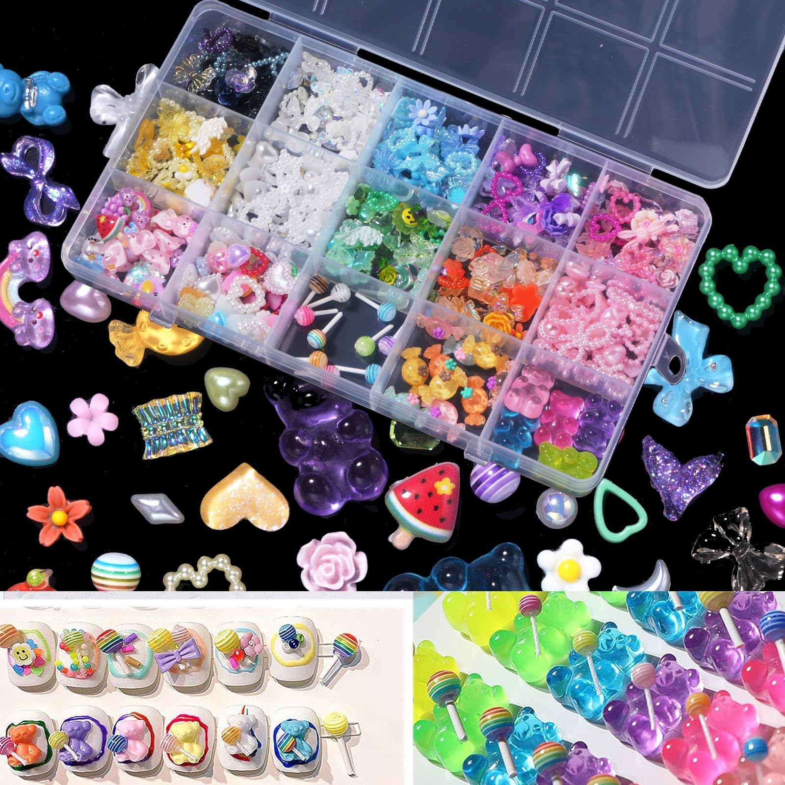 Assorted Acrylic 3D Nail Charms – Multi Color Flower Bows, Butterflies, Hearts,