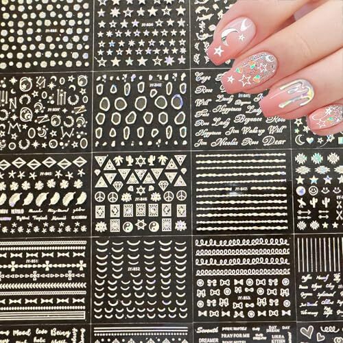 30 Sheets Silver Nail Art Stickers Aurora Silver Star Moon Nail Decals 3D Self