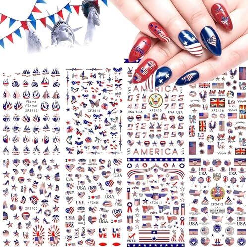 8sheets 4th of July Nail Art Stickers 3D Self-Adhesive American Flag Patriotic