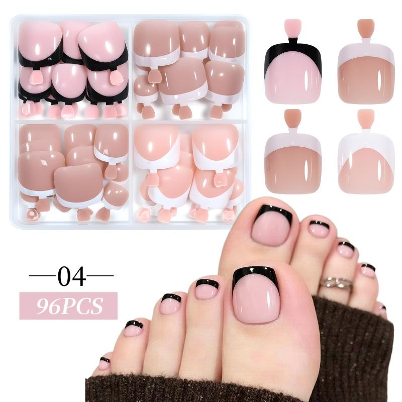 96Pcs/Box Cat’s Eye Fake Toenails French Design 4 Colors Short Square Press On