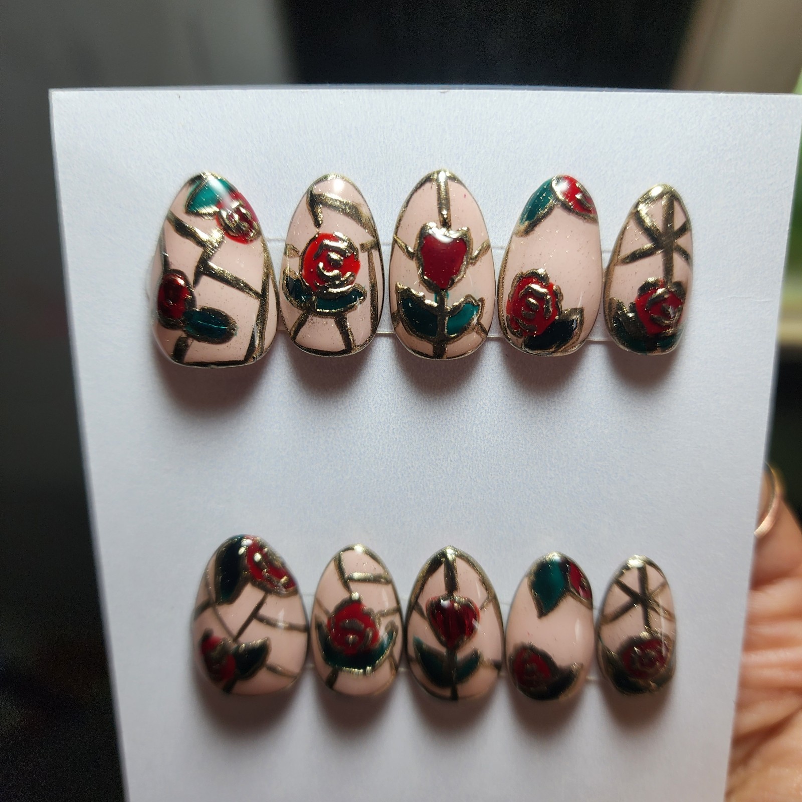Handmade Medium Size Extra Short Stained Glass Press On Nails Roses And Chrome