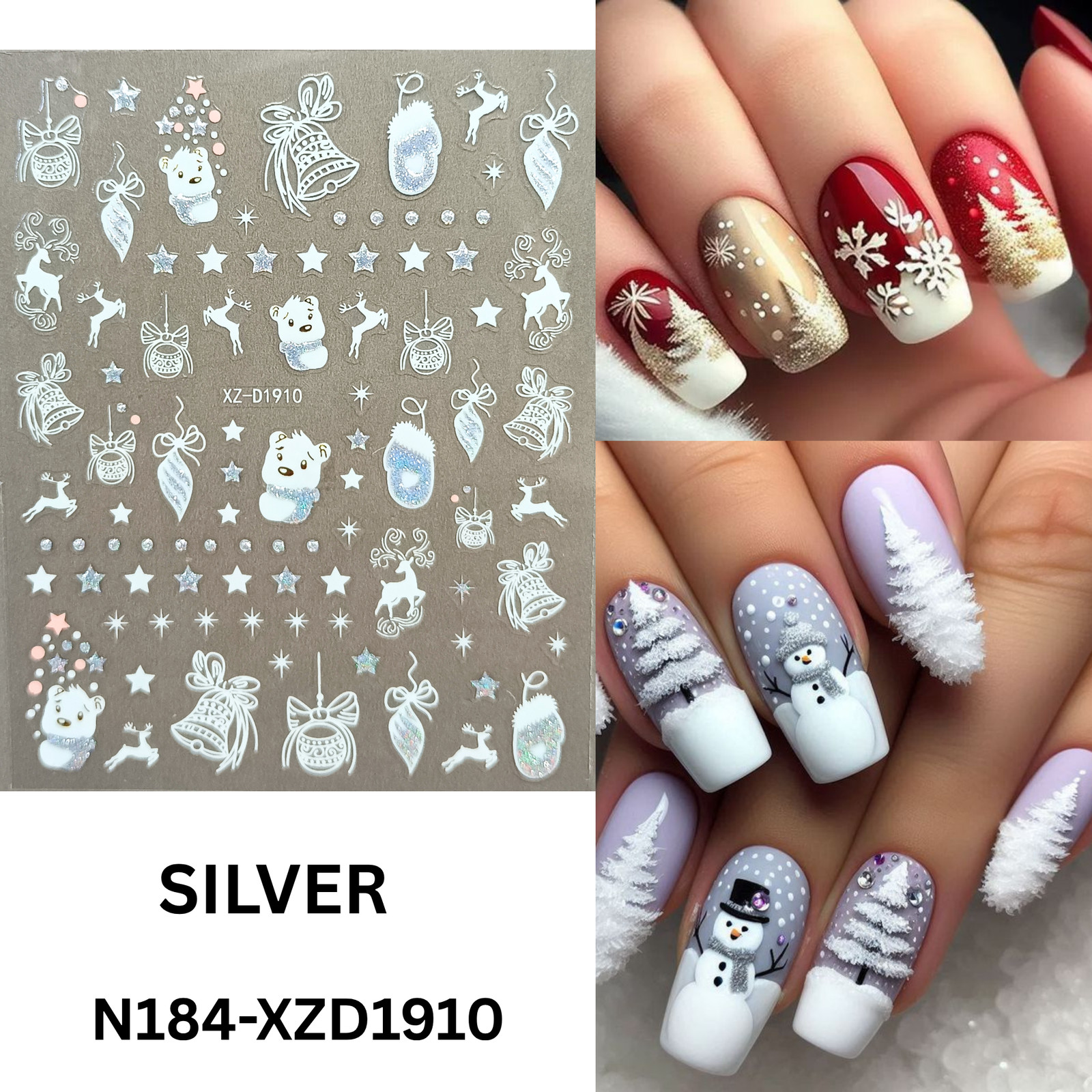 Holiday Nail Stickers 3D Set – 12 Sheets Xmas Reindeer & Snowflake Decals