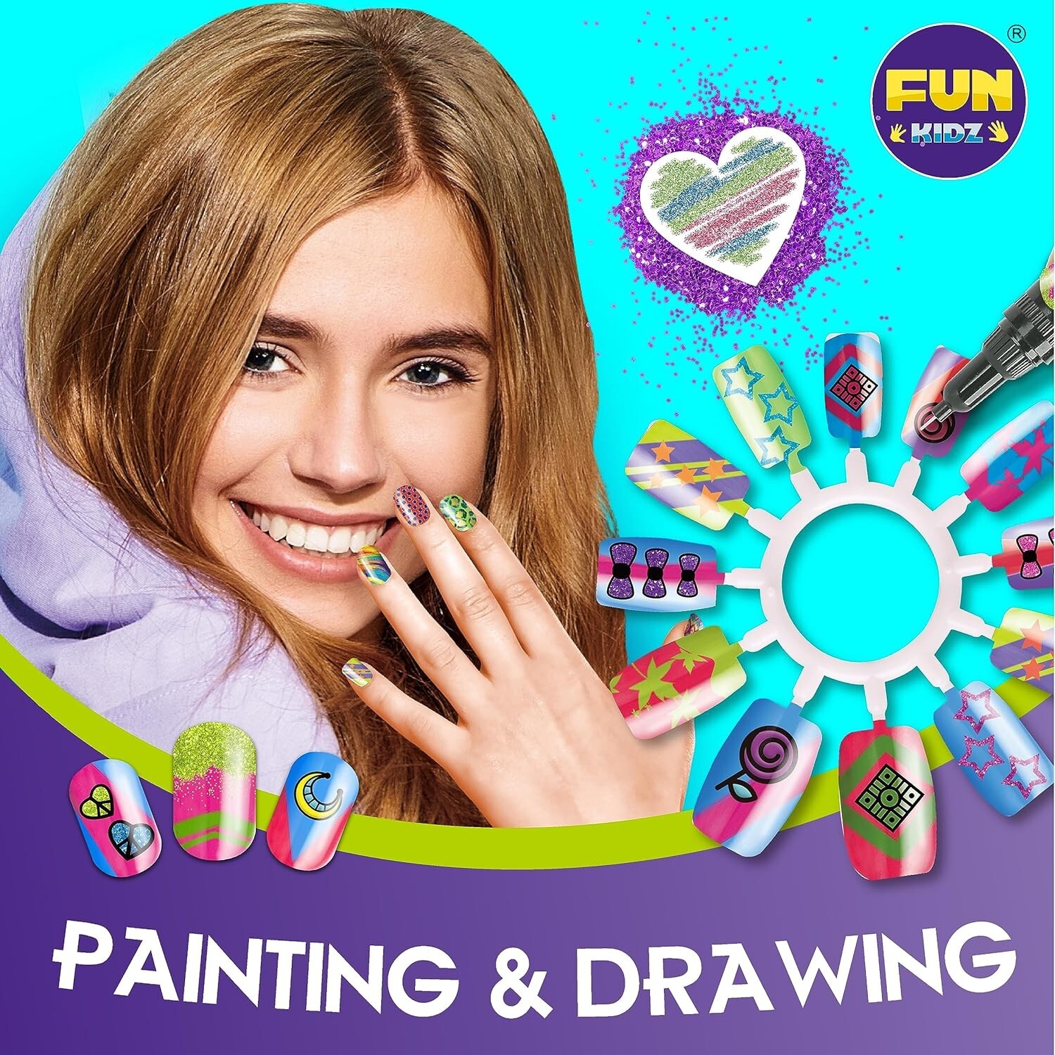 Girls 8-12 Nail Art Combo with 120 Fake Nails and Glitter Pens – Fun DIY Set
