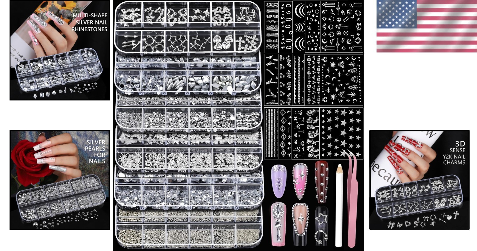 Complete Nail Art Kit: Silver Charms, Gems, 15 Art Stickers & Tools Included