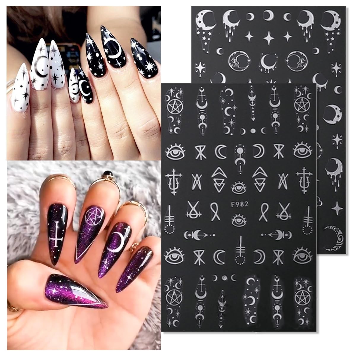 8 Sheets Metallic Nail Art Stickers Decals Silver Moon Star Sun
