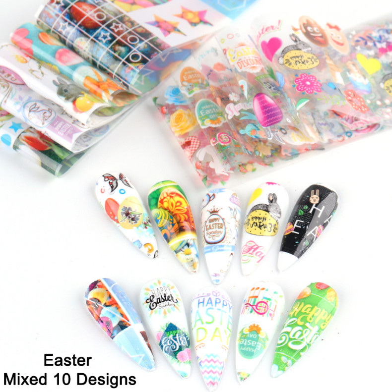 Easter Rabbit Egg Flower Star Butterfly Nail Foil Transfer Sticker 10pcs 20X4cm