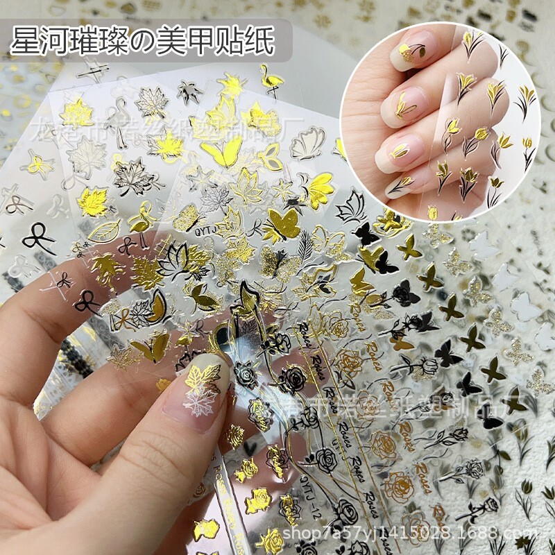 20 Sheets Gold Black Metallic Flower Leaf Butterfly Rose Maple Nail Art Stickers