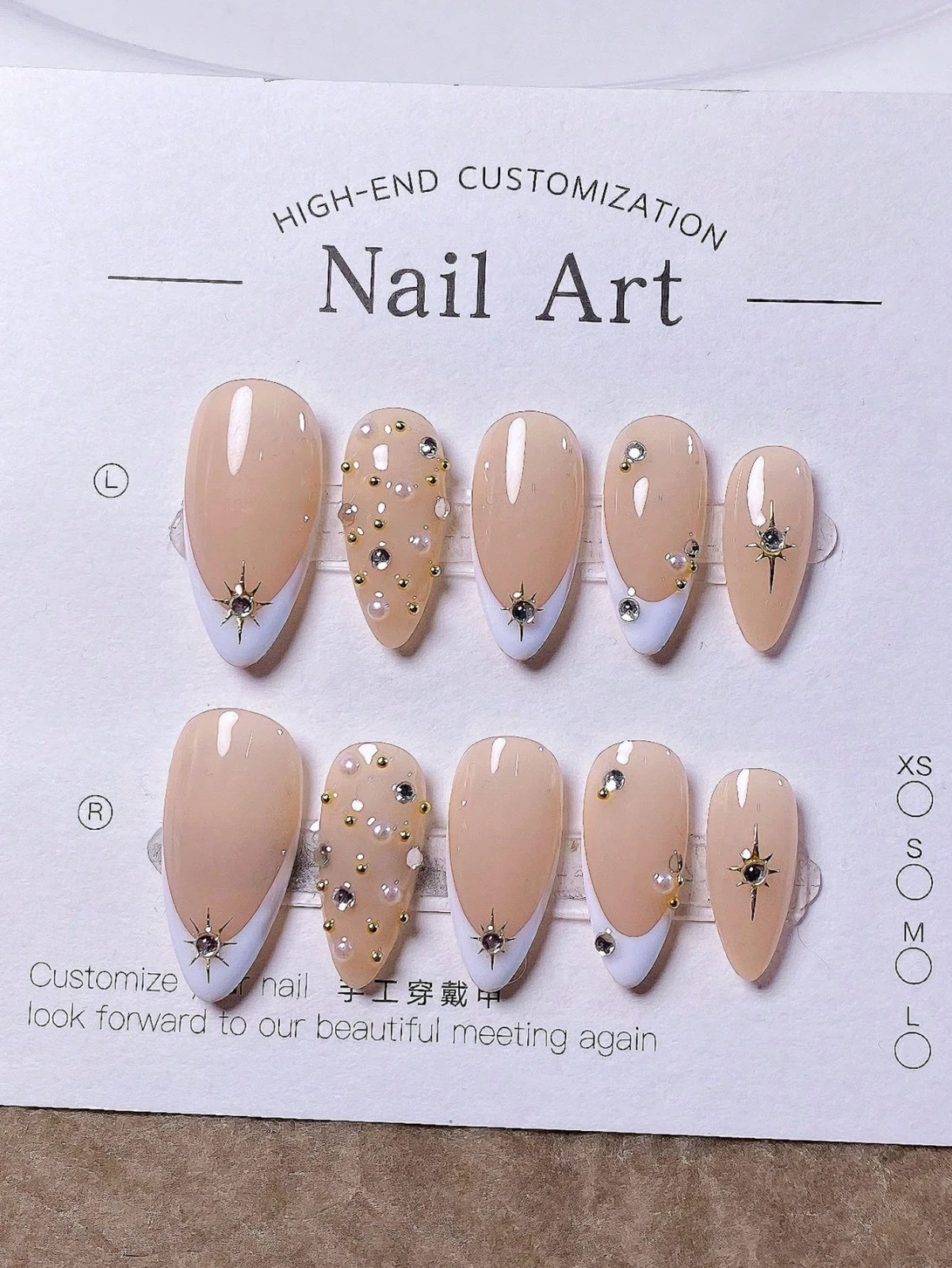 10PCS Handmade Almond Press On Nails White French Pearl Rhinestone Star Nail Tip