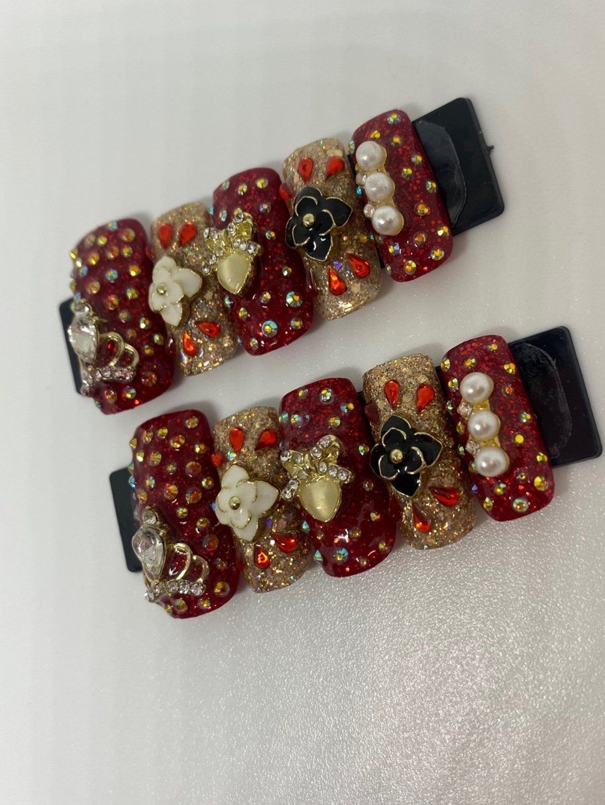 Red, Gold, Black, & White Square Press On Nail Set