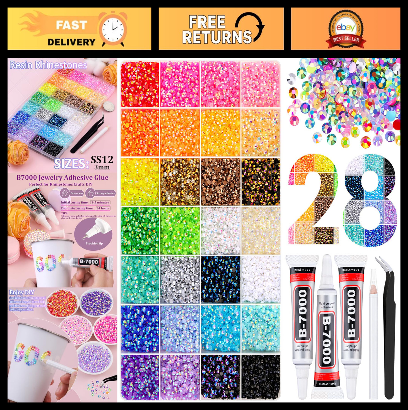 34000 Pcs Multicolor 3mm Resin Rhinestones with Tweezers & B7000 Glue for Nail A
