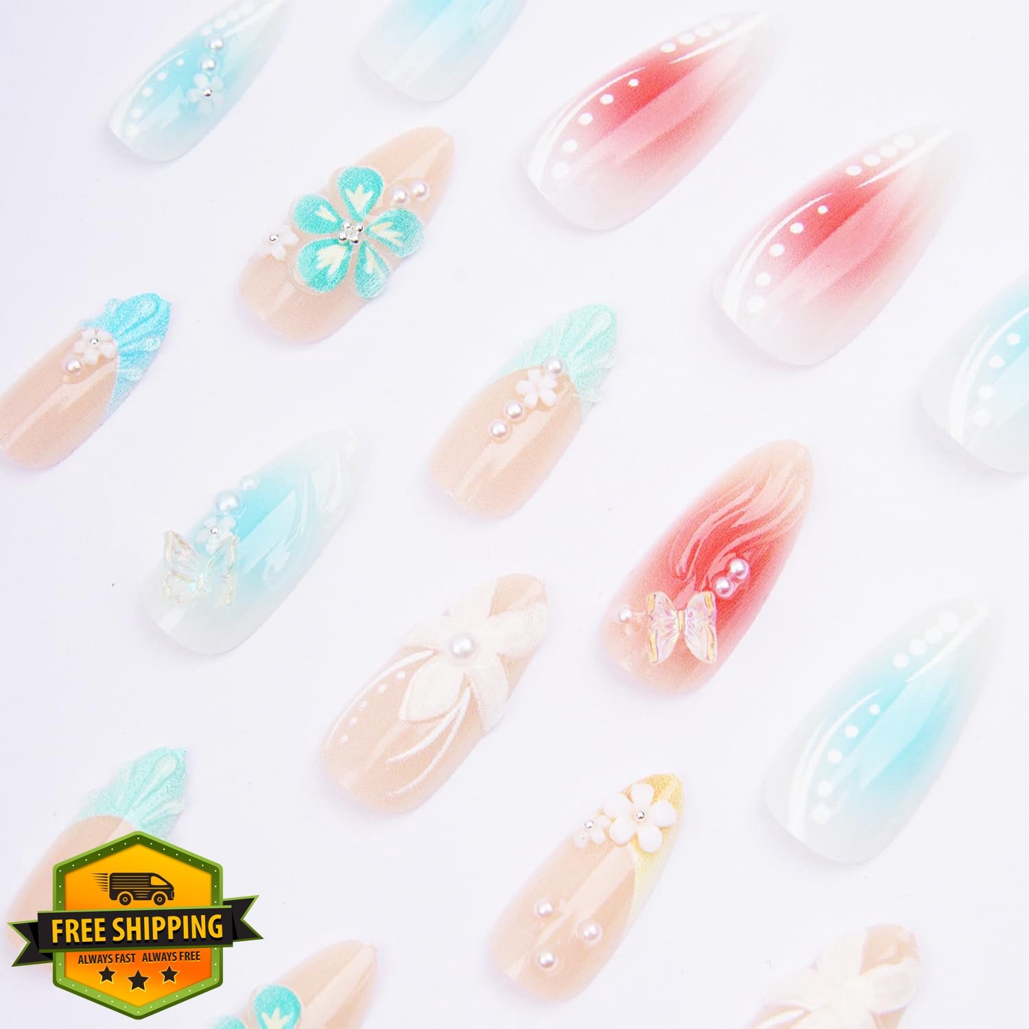 FDSQHSA Medium Almond Press On Nails Flower-17