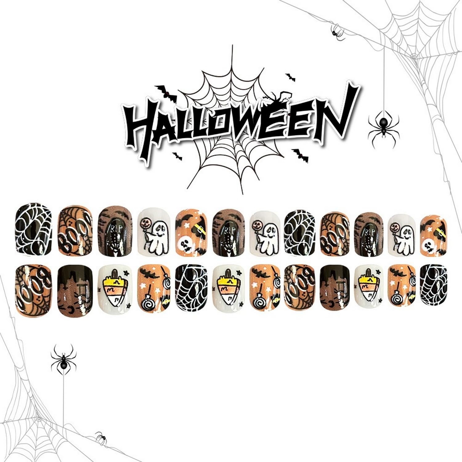 Halloween Press on Nails Orange Full Cover Spider Web Cute Little Ghost Pumpk…