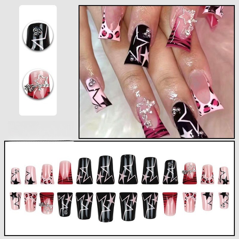 48pcs-Long Coffin Press on Nails, Pink Black Star & Leopard Print with Crystals