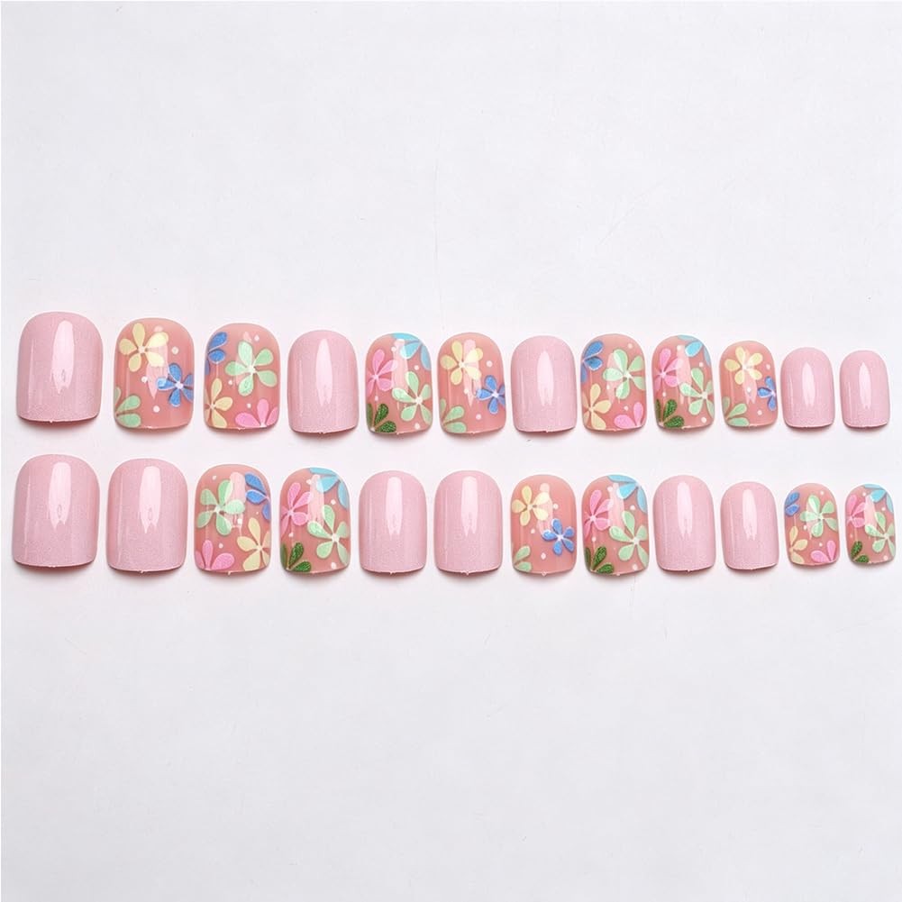 Colorful Flower Press On Nails Short square Light Pink Acrylic, Full Cover Gl…