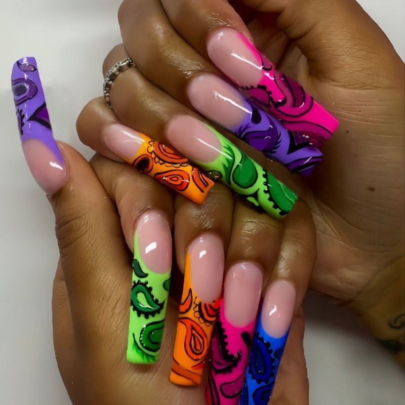 48pcs-Colorful Paisley Press on Nail, Long Coffin French Tip Acrylic False Nails