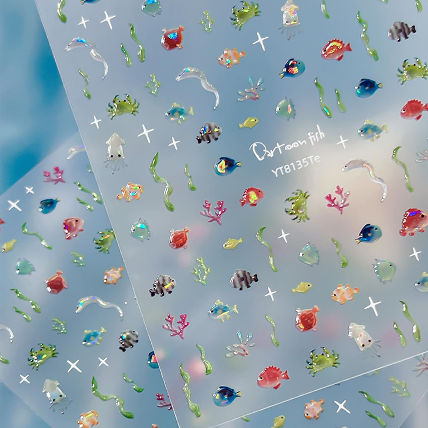 Aquarium Nail Stickers 1 PC 5D Ocean Fish Nail Decal Seaweed Coral Embossed Nail