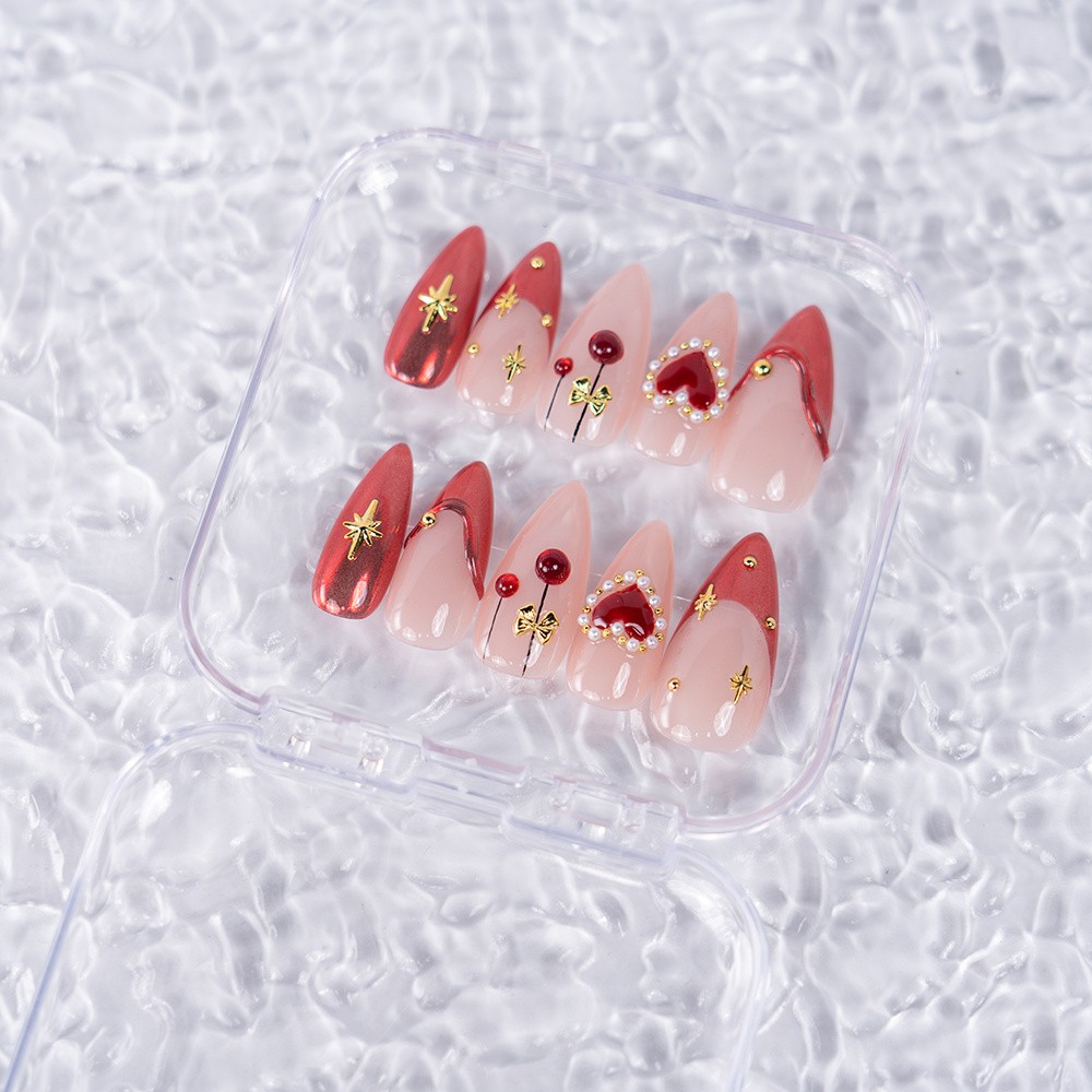 Handmade Stiletto Nails Red Pink Heart Star 3D Shiny Fake Nails for Valentine’s