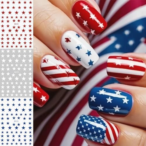 9 Sheets Star Nail Stickers 4th of July Nail Stickers, Red White and Blue 3D