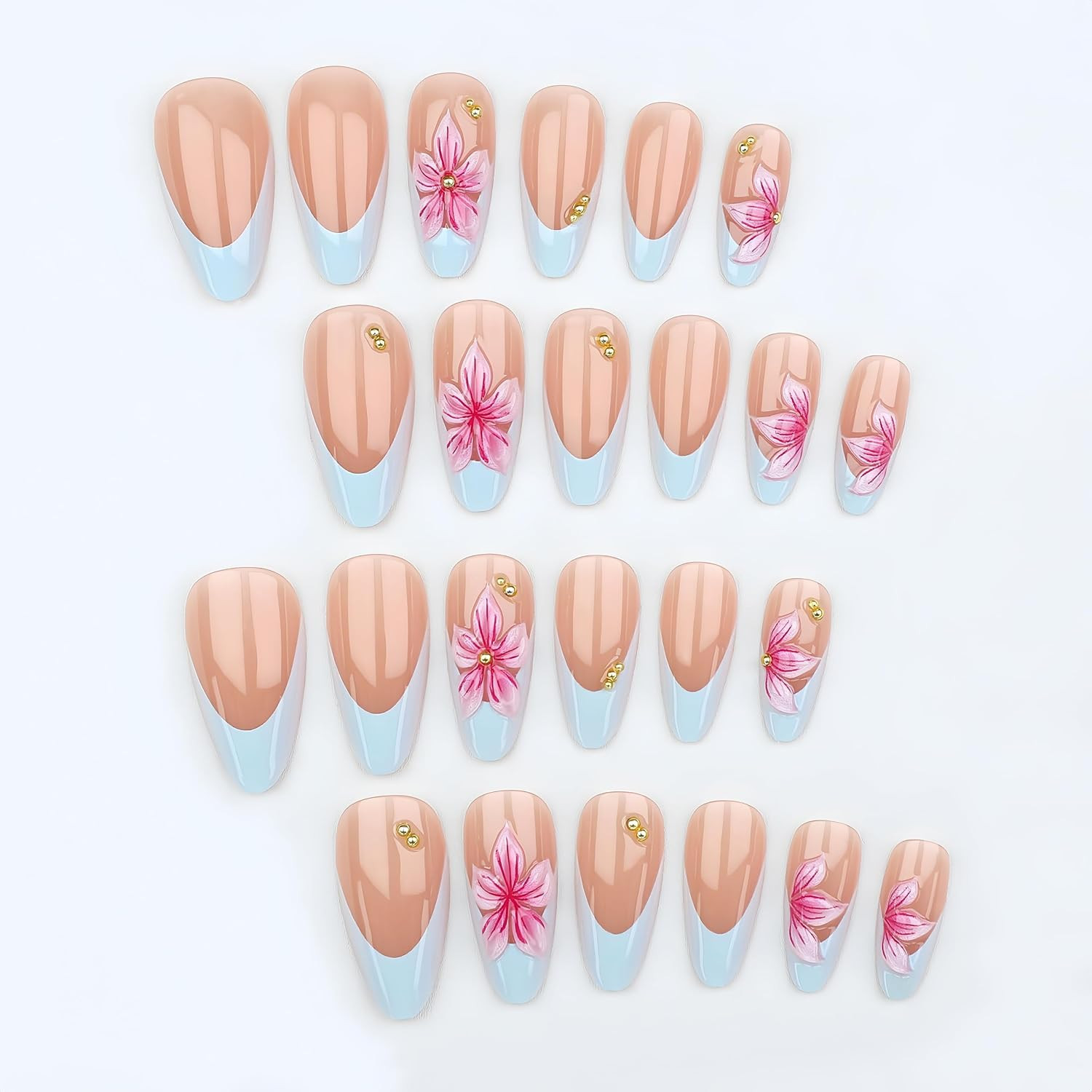24Pcs Almond Press on Nails 3D Pink Fake Nails Medium Blue French Tip False Nail