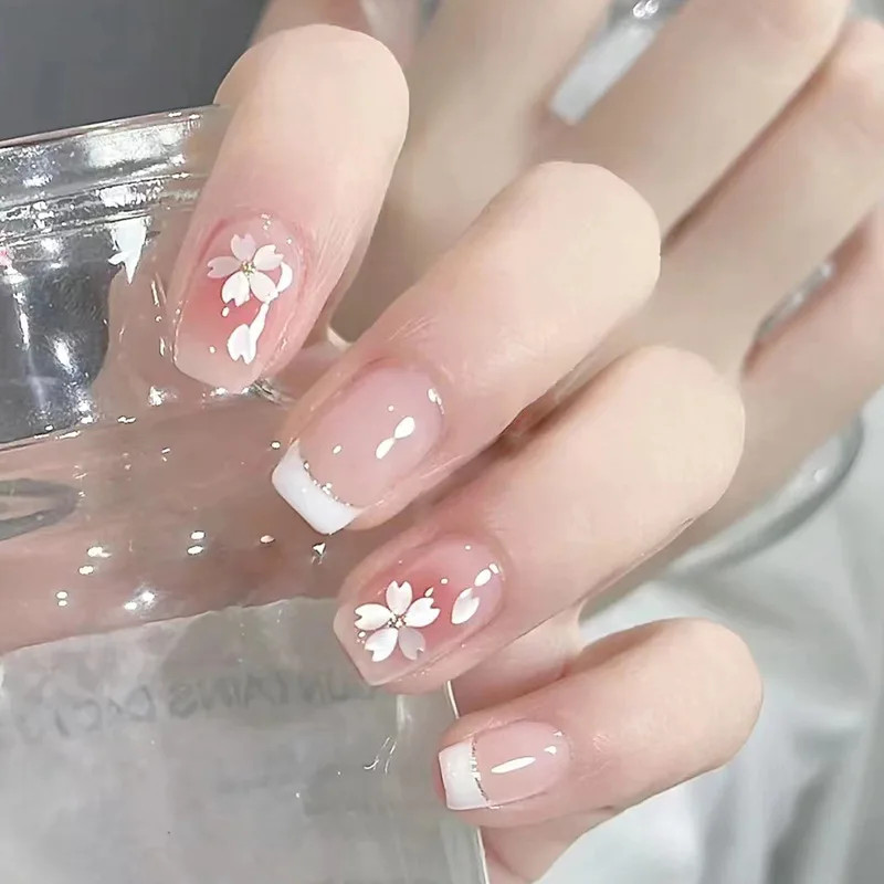 24pcs Set Short Square French Press On Nails Flower Butterfly Design Fake Nails