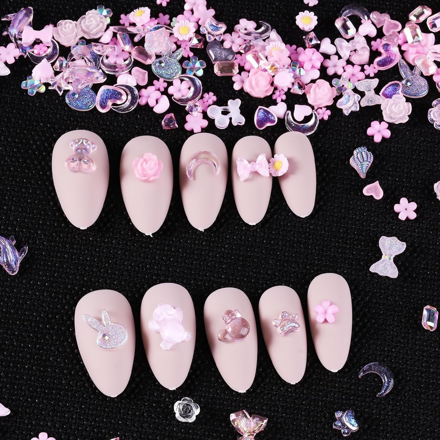 100 PCS 3D Nail Charms Butterfly Bow Star Heart Bear Shiny Jewels Y2K with 3D Fl