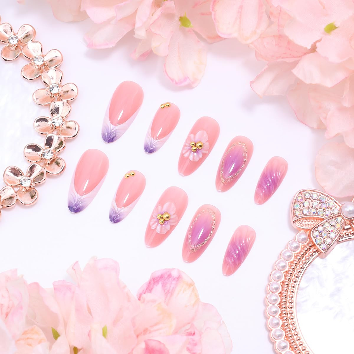 24Pcs Medium Almond Press on Nails Gradient French Tip Fake Nails 3D Purple Flow