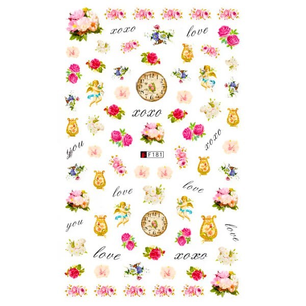 Nail Art 3D Decal Stickers heart love XoXo cupid clock F181